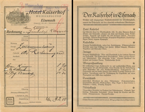 Eisenach Hotel Kaiserhof Weinhandlung Rechnung mit Briefkopf ca. 1920