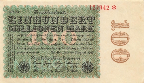 Einhundert Million Mark Reichsbanknote 22. August 1923 RO106n DEU-120n