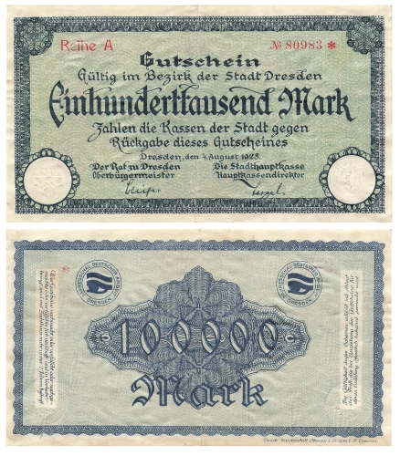 One hundred thousand mark voucher city of Dresden August 4, 1923