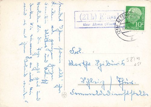 58769 Einsal via Altena rural postmark on Easter postcard o 1952