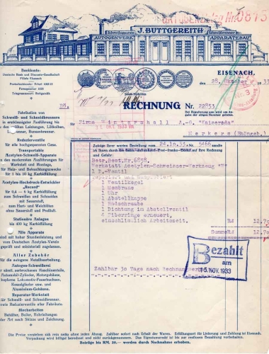 Eisenach welding apparatus factory J. Buttgereith letterhead with factory view 1931