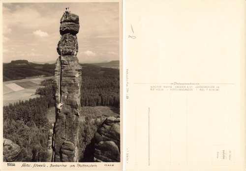 Sächsische Schweiz Barbarine am Pfaffenstein Kletterfelsen * 1959 ​​​​​​​Verlag Hahn-Foto13468
