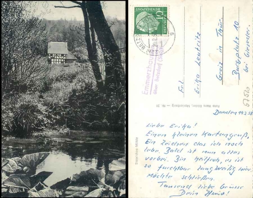 57520 Emmerzhausen über Betzdorf (Sieg) Landpoststempel auf AK Steinches Mühle o 20.2.1958