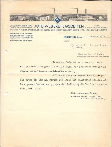 Emsdetten Jute-Weberei Briefkopf mit Firmenansicht 1939