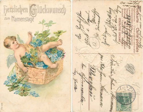 Angel in the flower basket Birthday congratulations o 1912