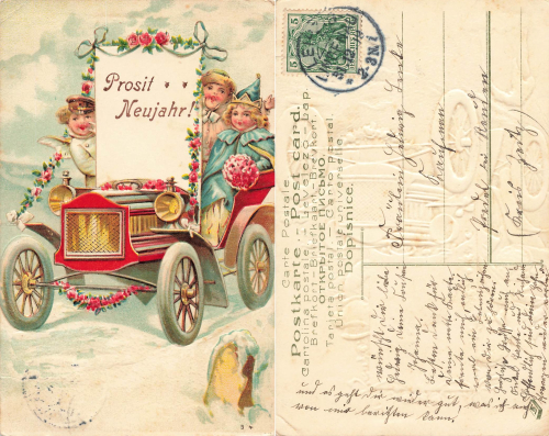 Angel with Car New Year's Embossed Card o 1909