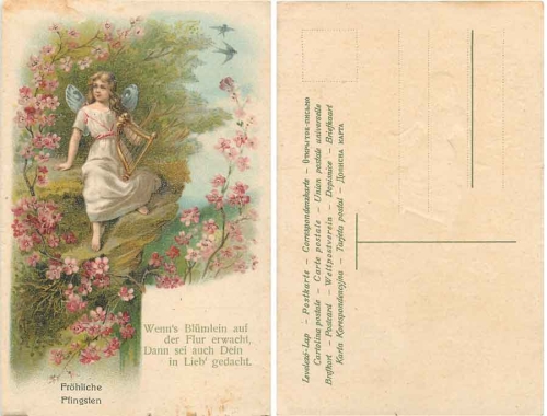Engel mit Harfe Pfingsten Prägekarte * ca. 1910