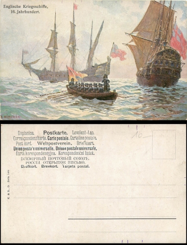 Englische Kriegschiffe 16.Jahrhundert Künstlerkarte sig. Alexander Kircher * ca.1900