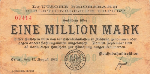 Erfurt Deutsche Reichsbahn One Million Mark Voucher 1923 Emergency Money