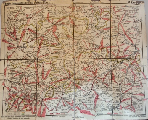 Erfurt und Umgebung Strassenprofilkarte für Rad und Motoradfahrer um 1920 auf Leinen