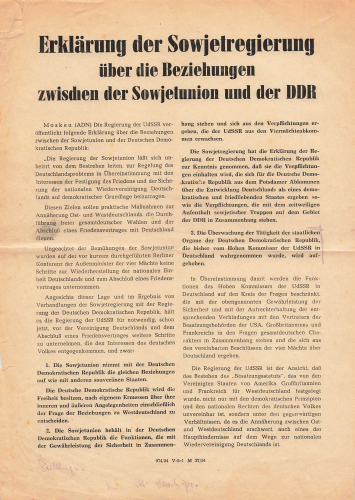 Erklärung der Sowjetunion über die Beziehungen zur DDR 1954 Flugblatt