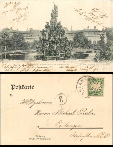 Erlangen Kunstbrunnen Schlossgarten Postman stamp 3 o 14.9.1903