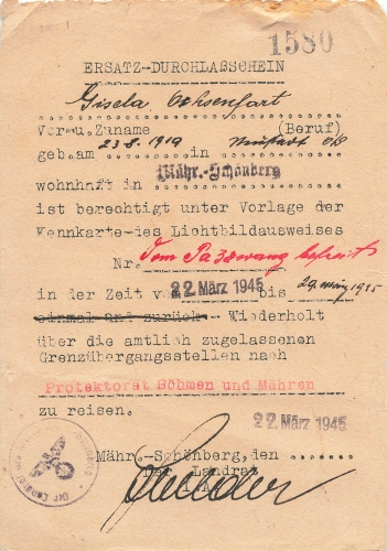 Replacement permit for the Protectorate of Bohemia and Moravia. Schönberg March 22, 1945 for Gisela Ochsenfahrt