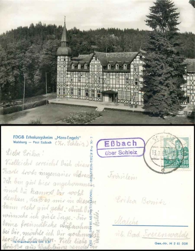 07924 Essbach via Schleiz country postmark on postcard Walsburg FDGB home "Marx-Engels" o 13.7.1961