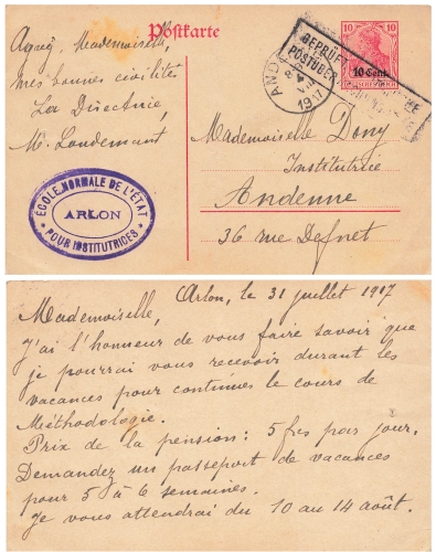 Stage area West postal stationery 10 cents tested by the military monitoring center o Andernne 4.8.1917