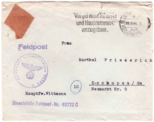 Feldpost number 45772 C Feldpost 2.WK Leipzig 8.9.1944 Sender Hauptfeldwebel Wittmann