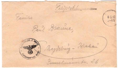 Field post no. L 38512 Air Post Office Berlin silent stamp 8.5.1940 ​​​​​​​probably Air Base Command (E) 2/IV