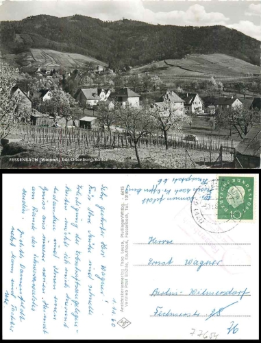 77654 Fessenbach via Offenburg (Baden) 17b country postmark on postcard o 3.11.1960
