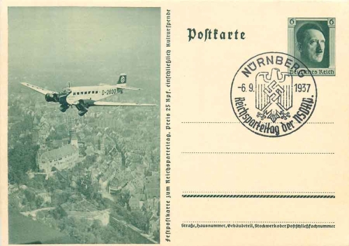 Reich party rally of the NSDAP 1937 commemorative postcard postal stationary P264/08 6 Pfennig Hitler special cancellation Nuremberg 06.09.1937