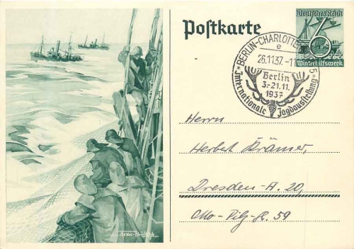 Fischer Axster Heudtlaß Ganzsache Sonderstempel Berlin Charlottenburg Int. Jagdausstellung 26.11.1937
