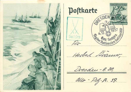 Fischer Axster Heudtlaß Ganzsache Sonderstempel Dresden Tag der Nationalen Solidarität 4.12.1937 "Sachsen am Werk"