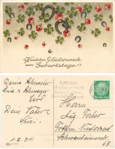 Pilze Hufeisen Kleeblätter Geburtstagskarte 1934