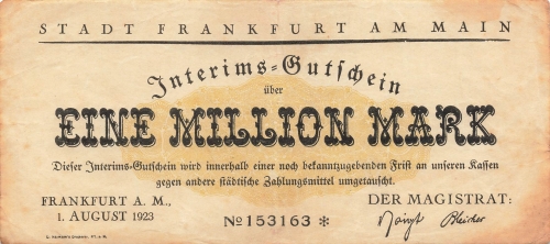 Frankfurt Main Eine Million Mark Interims Gutschein 1923 Notgeld