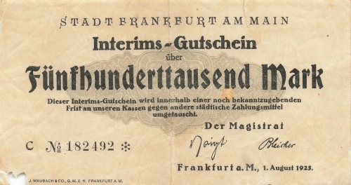 Frankfurt Main Five hundred thousand marks interim voucher August 1, 1923 emergency money