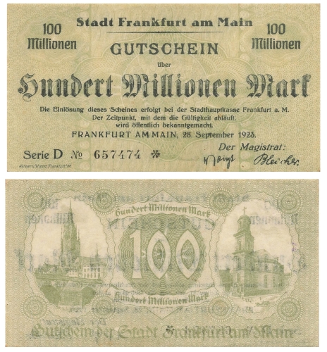 Frankfurt Main Hundert Millionen Mark Gutschein 28. September 1923 Notgeld