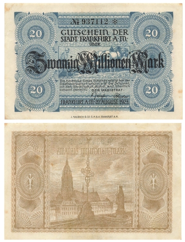 Frankfurt Main Zwanzig Millionen Mark Gutschein 20. August 1923 Notgeld