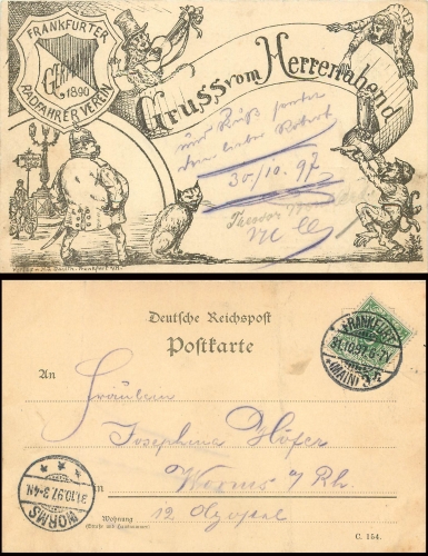 60000 Frankfurt/Main Radfahrerverein Germania Litho Polizei, Affe  o 31.10.1897