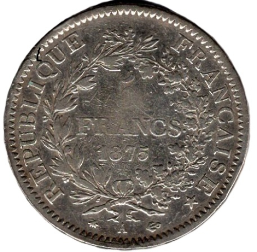 France 5 Francs 1875 A – Hercules Group Silver Coin