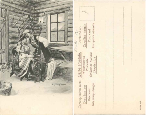 Woman at Spinning Wheel Artist card Fec. Ch. Scolik * ca. 1900