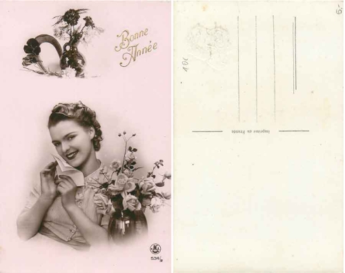 Frau mit Brief und Rosen Neujahrskarte * ca. 1930