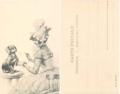 Lady with dachshund and letter artist card M. M. Vienne *ca.1900
