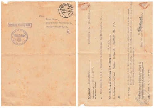Free through replacement Reich letter from the employment office in Magdeburg 1943