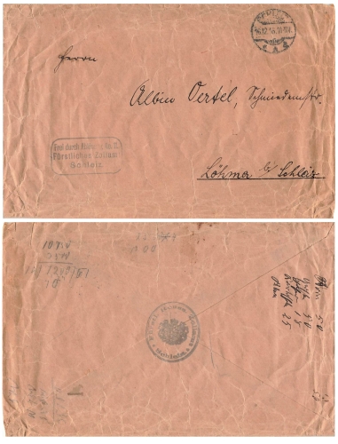 Frei durch Abloesung No.11 Fuerstliches Zollamt Schleiz Dienstbrief o 1916 nach Lohma
