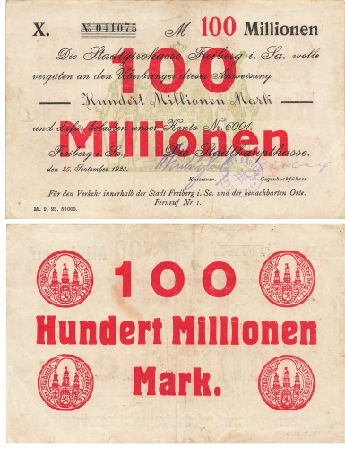 Freiberg Sachsen Hundert Millionen Mark Gutschein 25. September 1923 Notgeld