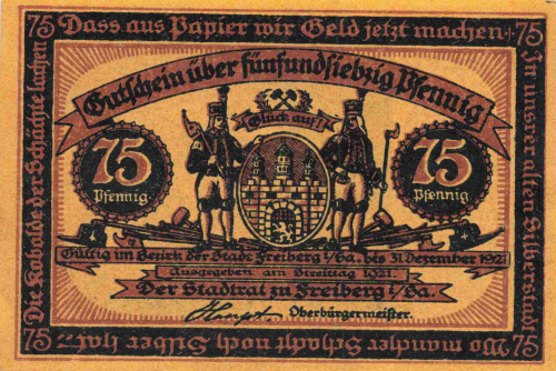 Freiberg Sachsen Notgeldschein Bergbau 75 Pfennig 1921