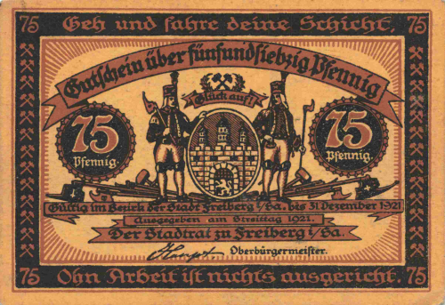 Freiberg Sachsen Notgeldschein Bergbau 75 Pfennig 1921