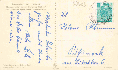 Bräunsdorf Sachsen Huthaus "zur neuen Hoffnung Gottes" o 1959