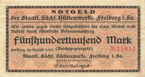 Freiberg Saxon Ironworks Five hundred thousand marks August 1923 emergency money