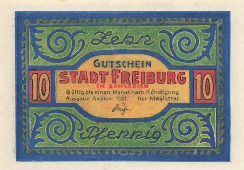 Freiburg Uhrenstadt Schlesien Świebodzice Notgeldschein 1921