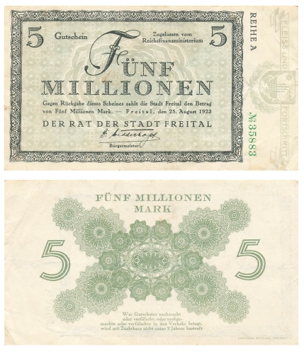 Freital Five million mark voucher August 25, 1923 emergency money