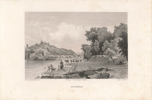 Friedeck river view with castle in Silesia original steel engraving by Huber after Theodor Blattbauer around 1887 