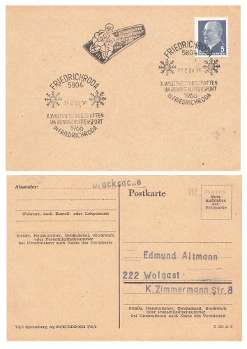 Rennschlittensport Weltmeisterschaften Sonderstempel auf Drucksache o Friedrichroda 13.2.1966