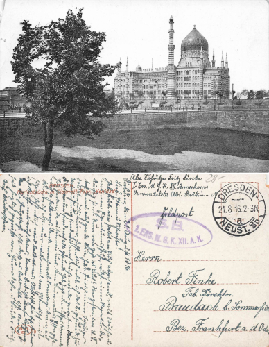 Friedrichstadt Dresden Cigarette Factory "Yenidze" Field Post 1.ERS. M.G.,K. XII A.K. o 1916