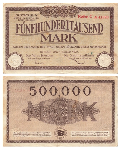 Five hundred thousand mark voucher city of Dresden August 4, 1923