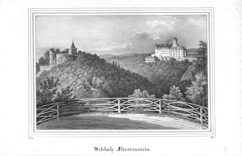 Furstenstein near Waldenburg Silesia Castle and old castle Original lithograph around 1840