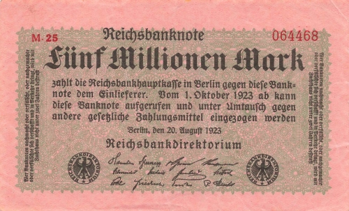 Five million marks Reichsbanknote August 20, 1923 RO104b DEU-117b